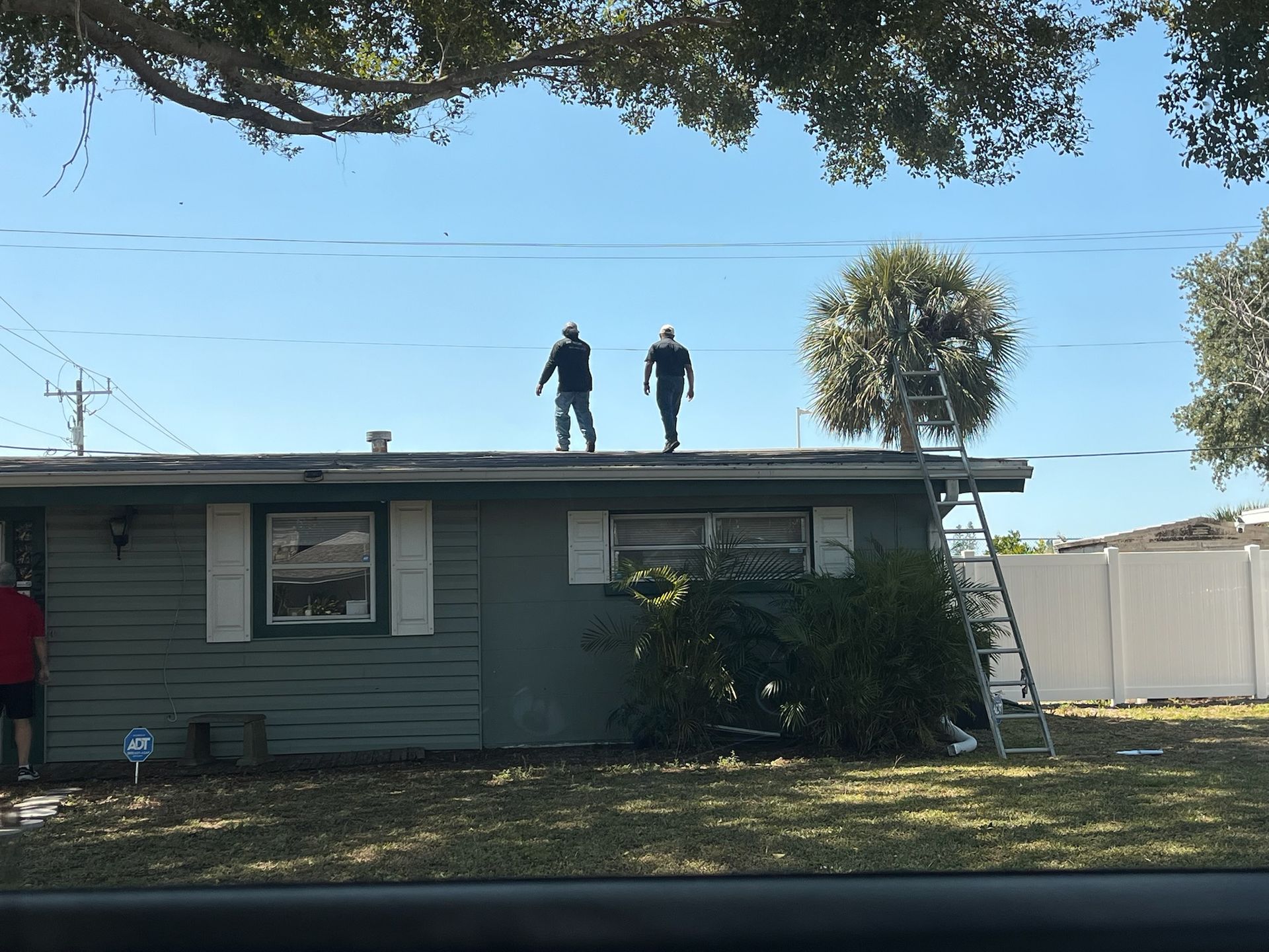 Two people standing on a green house roof next to a ladder on a sunny day.