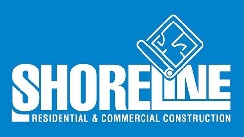 Blue ShoreLine construction logo with white text and house-roof icon