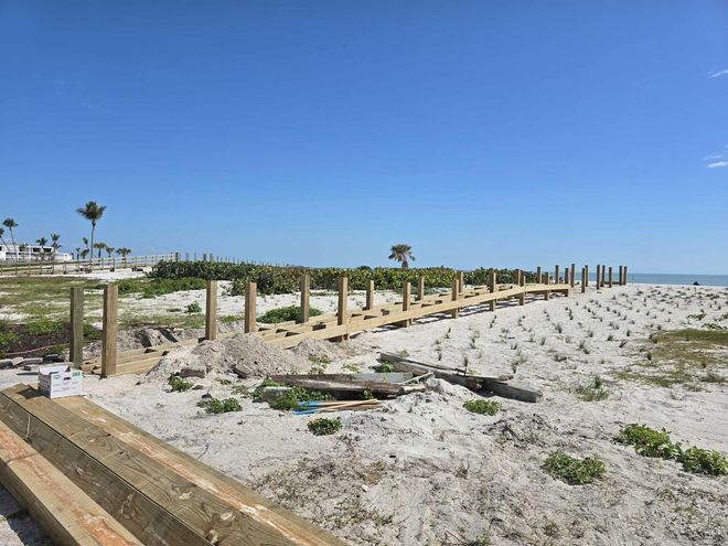 Sandy beach with weathered wooden fence posts under a clear blue sky