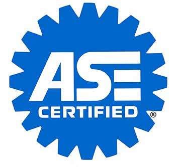 A blue and white logo that says ase certified