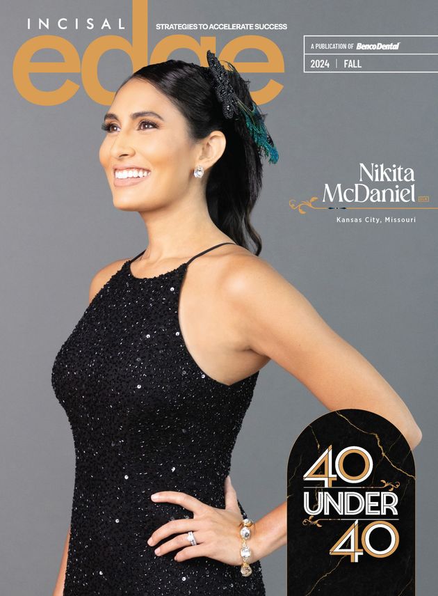 A smiling person in a sequined black dress on the cover of Incisal Edge magazine, featuring the 40 Under 40 logo.