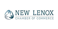 Logo for New Lenox Chamber of Commerce, featuring an abstract graphic and text in a muted color palette.