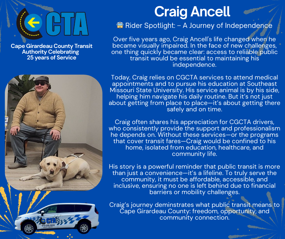 A man, Zac Dugge, in a red shirt sits next to text about his experience with public transit, promoting accessibility and independence in Grand County.