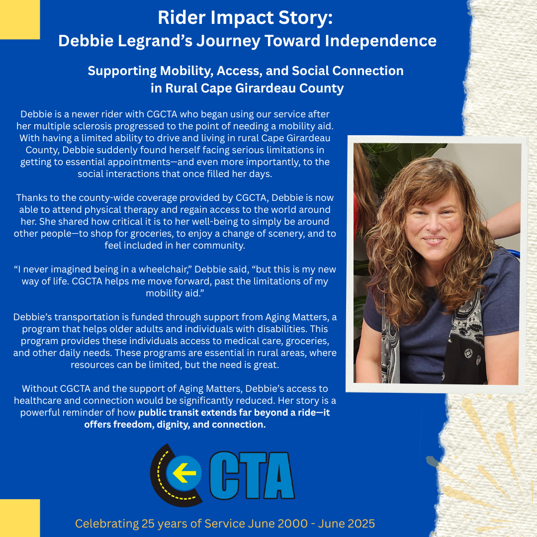 A man, Zac Dugge, in a red shirt sits next to text about his experience with public transit, promoting accessibility and independence in Grand County.