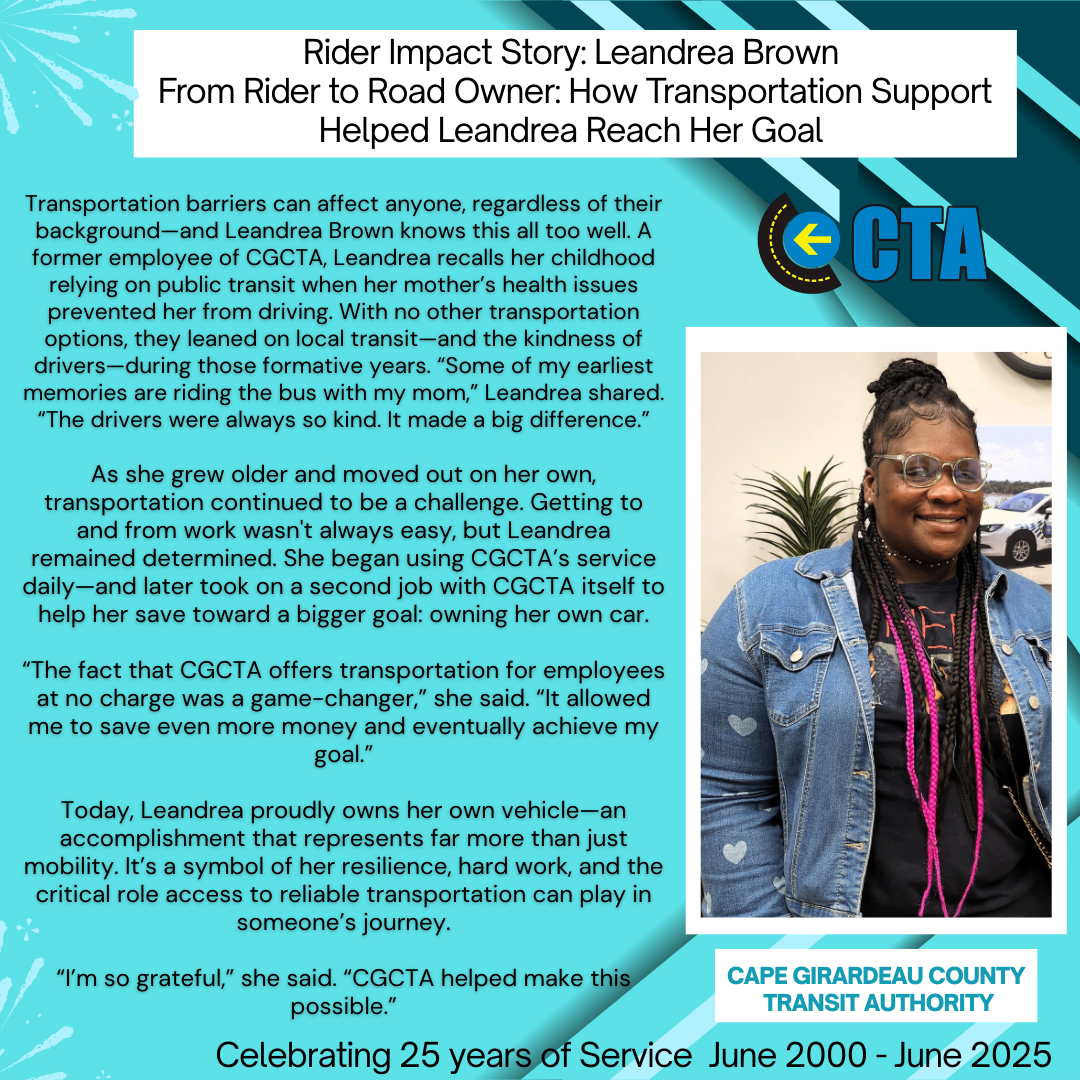 A man, Zac Dugge, in a red shirt sits next to text about his experience with public transit, promoting accessibility and independence in Grand County.