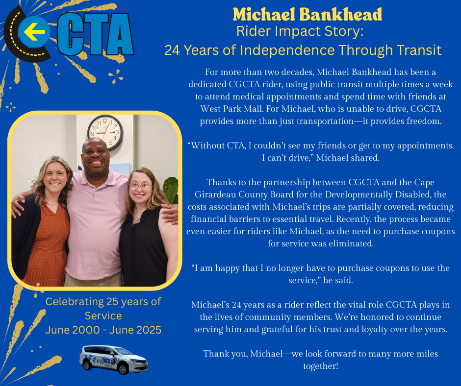 A man, Zac Dugge, in a red shirt sits next to text about his experience with public transit, promoting accessibility and independence in Grand County.