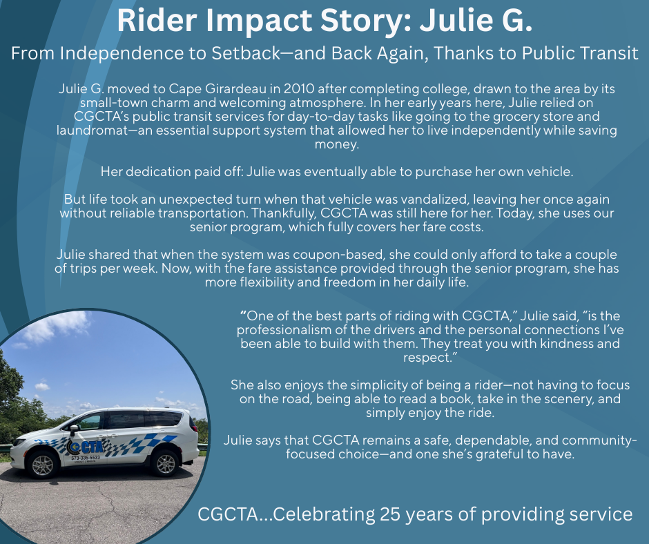 A rider impact story about Julie G., featuring a photo of a public transit van, describing her reliance on the service after a setback and its role in her life.