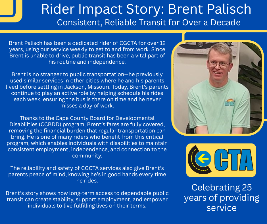 A rider impact story featuring Brent Palisch. He is a white man with glasses, smiling. Text highlights his reliance on public transit for over a decade.