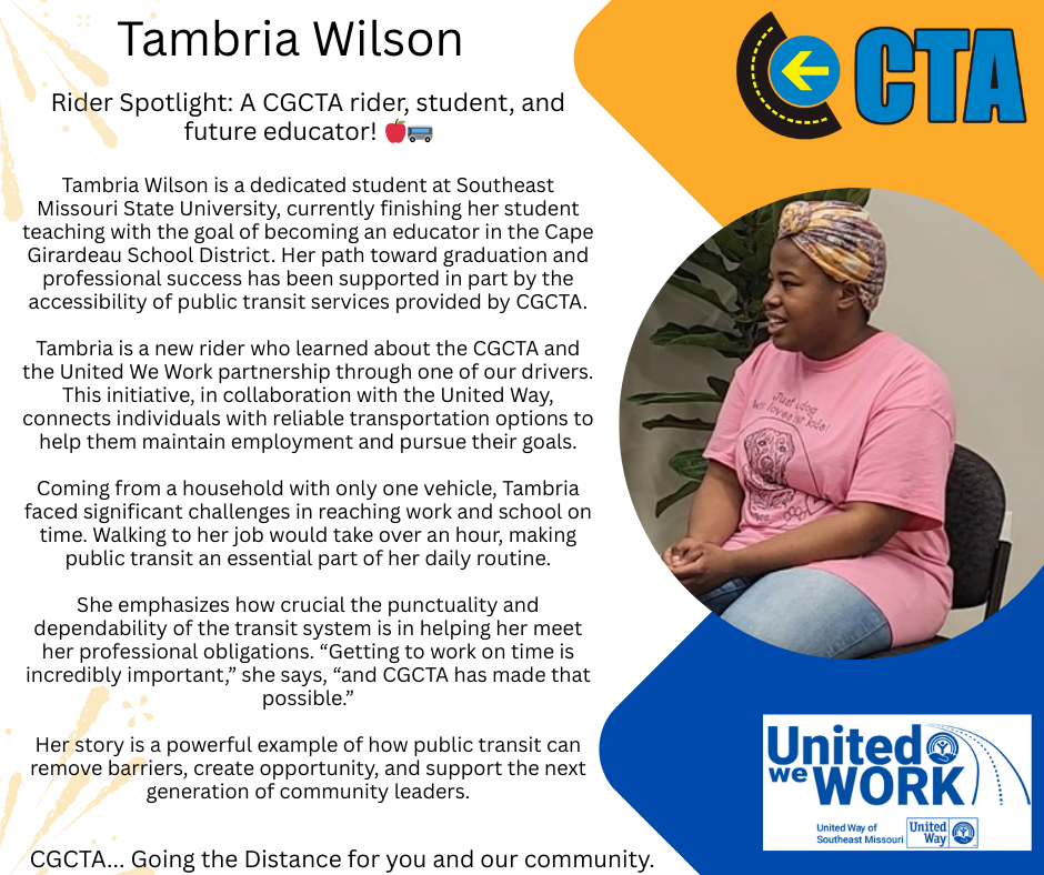 A CGCTA Rider Spotlight featuring Tambria Wilson, a student and future educator, smiling, and wearing a pink shirt.