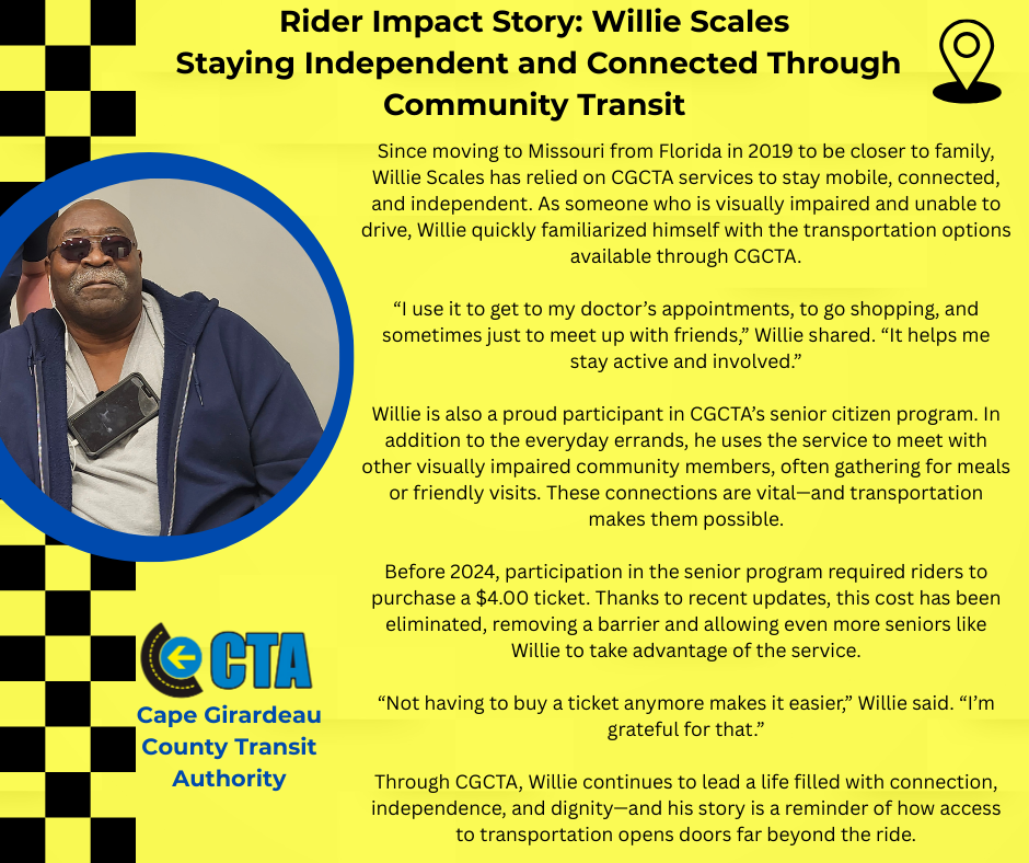 A man, Zac Dugge, in a red shirt sits next to text about his experience with public transit, promoting accessibility and independence in Grand County.