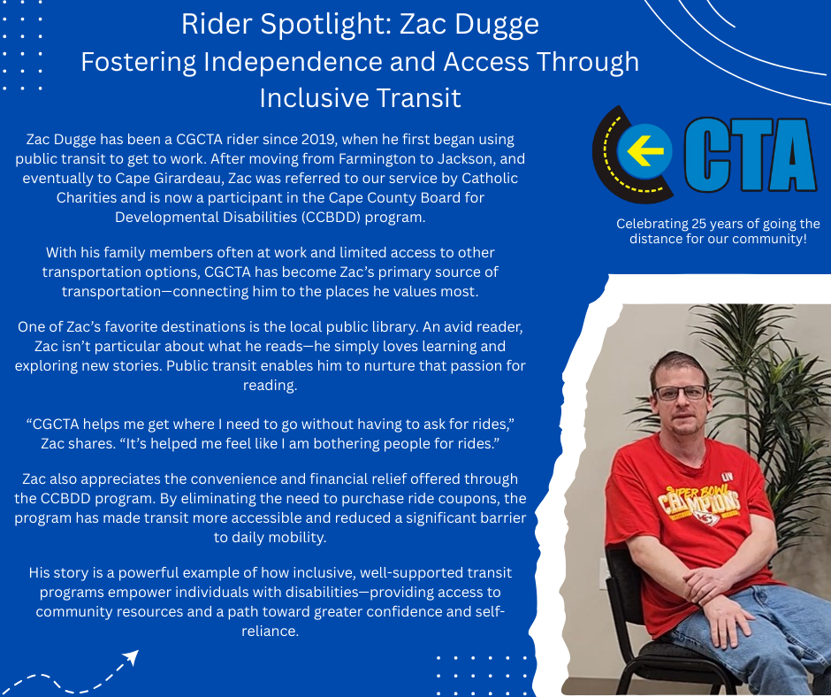 A man, Zac Dugge, in a red shirt sits next to text about his experience with public transit, promoting accessibility and independence in Grand County.