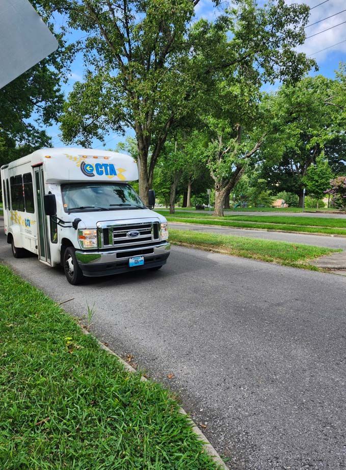 A vehicle travels down a tree-lined road with green grass on either side. Overcast, natural light.