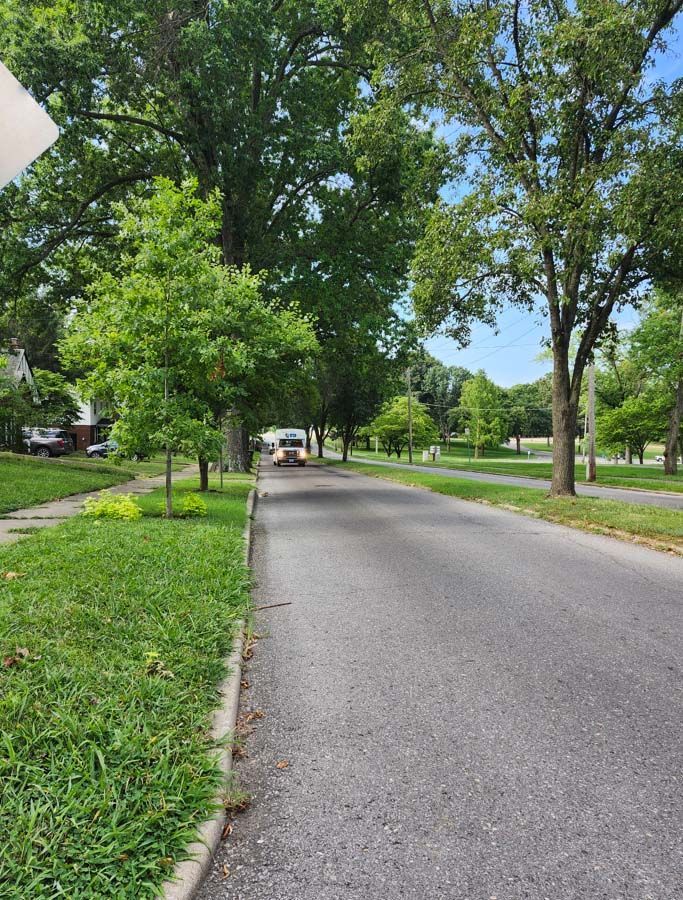A white CTA bus drives on a paved road next to grass and trees on a sunny day.