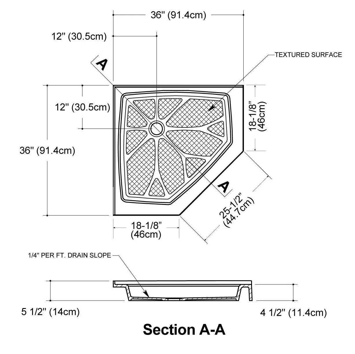 Technical drawing of a trapezoidal corner tray with dimensions and section A-A views
