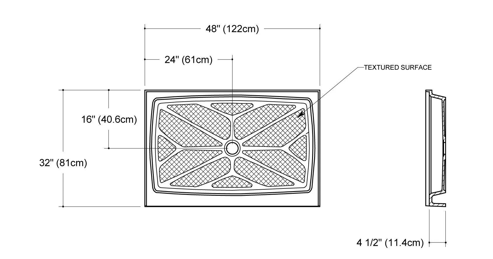 Technical drawing of a rectangular vent grille with dimensions labeled front and side views