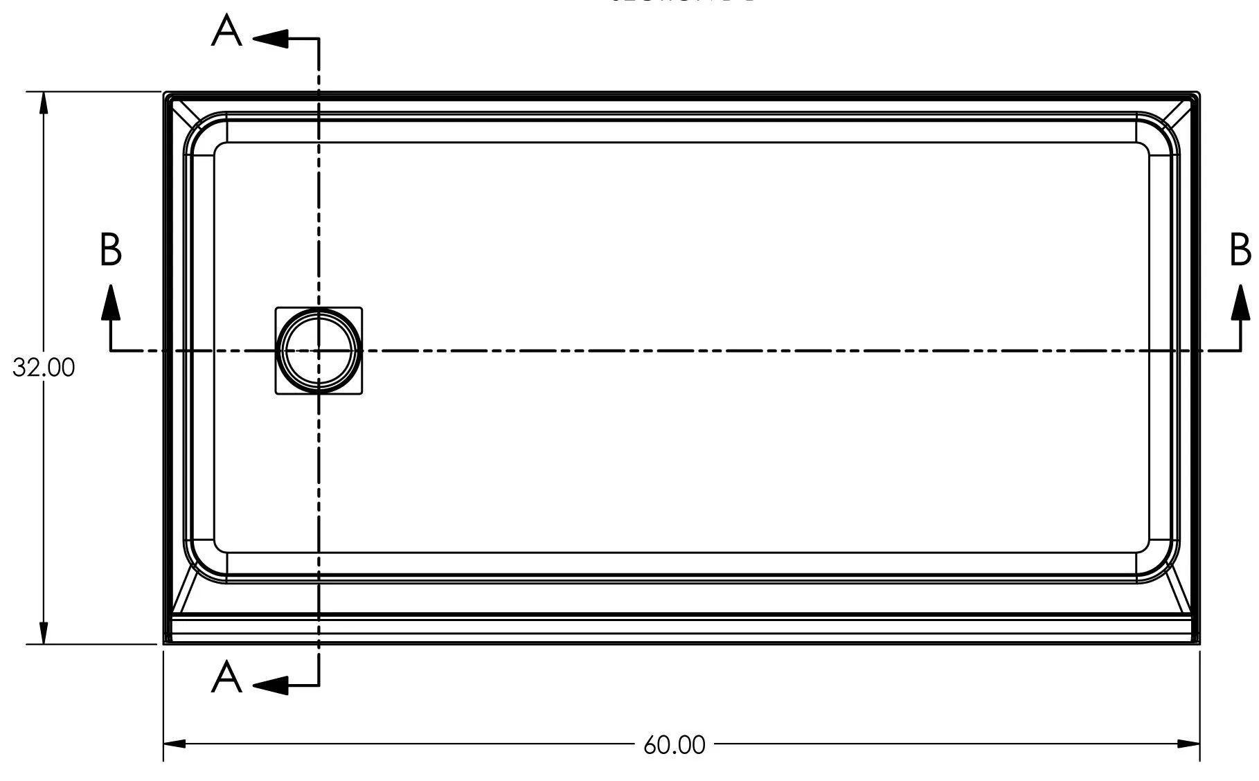 Technical drawing of a rectangular panel with dimensions and section markers A and B.