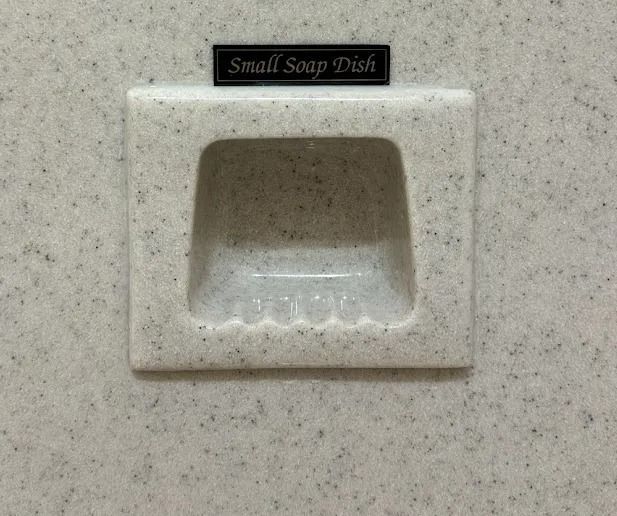 Small soap dish labeled “Small Soap Dish” on a speckled countertop.