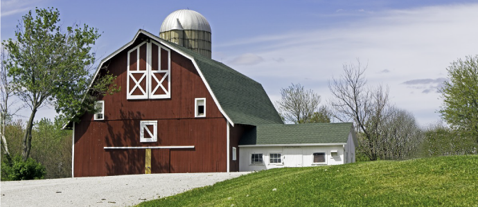 Barn house with green land grass