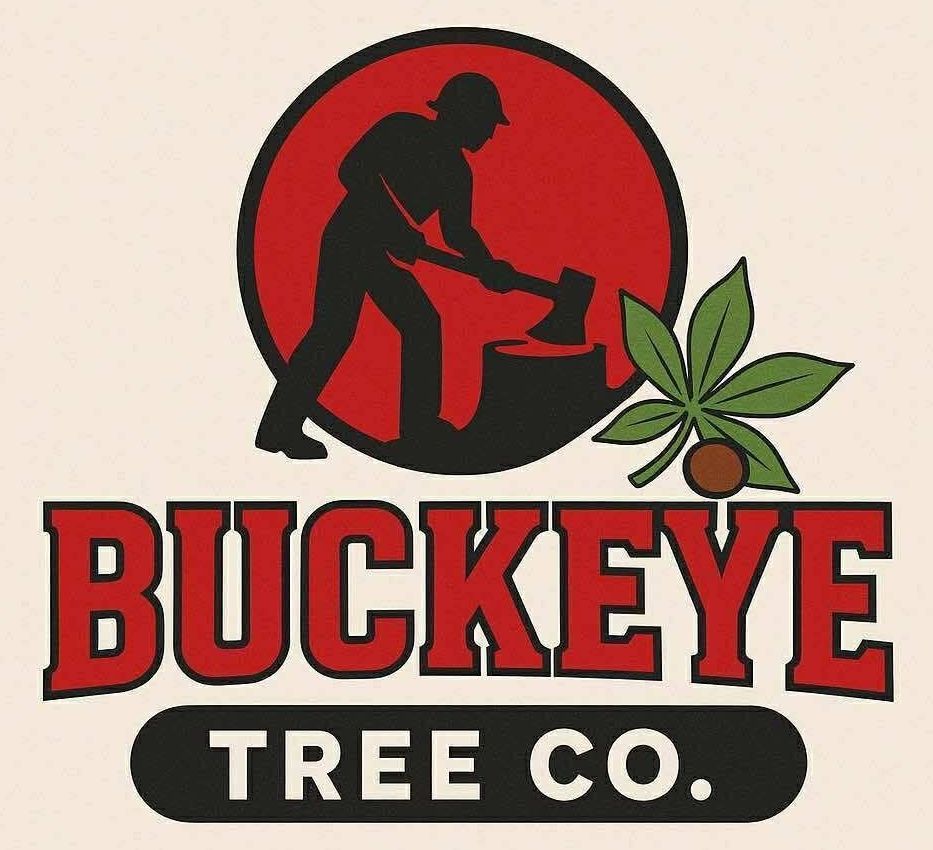 Logo for Buckeye Tree Co. featuring a red circle with a lumberjack silhouette, a buckeye leaf, and the company name.