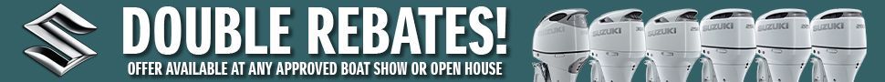 Banner ad, DOUBLE REBATES! text with marine engines lined up. Teal background.
