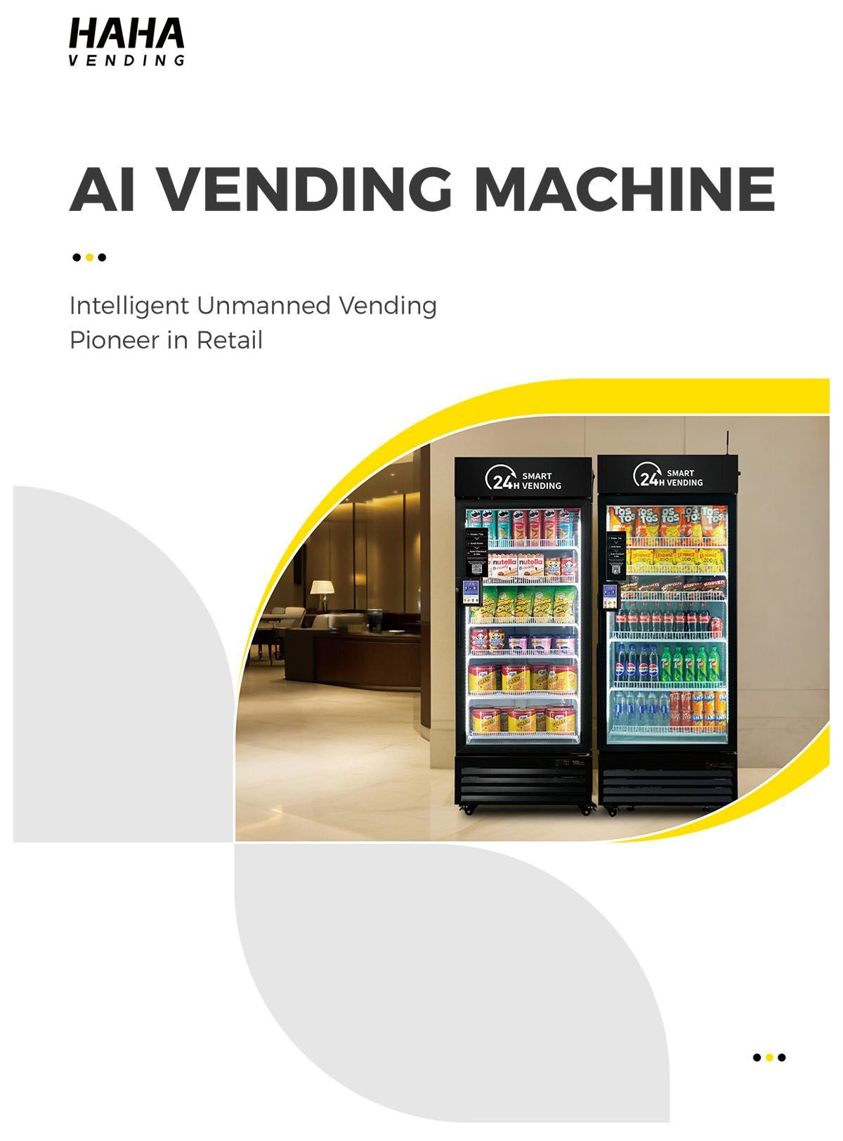 Promotional poster for AI vending machines with two black drink machines and yellow accents