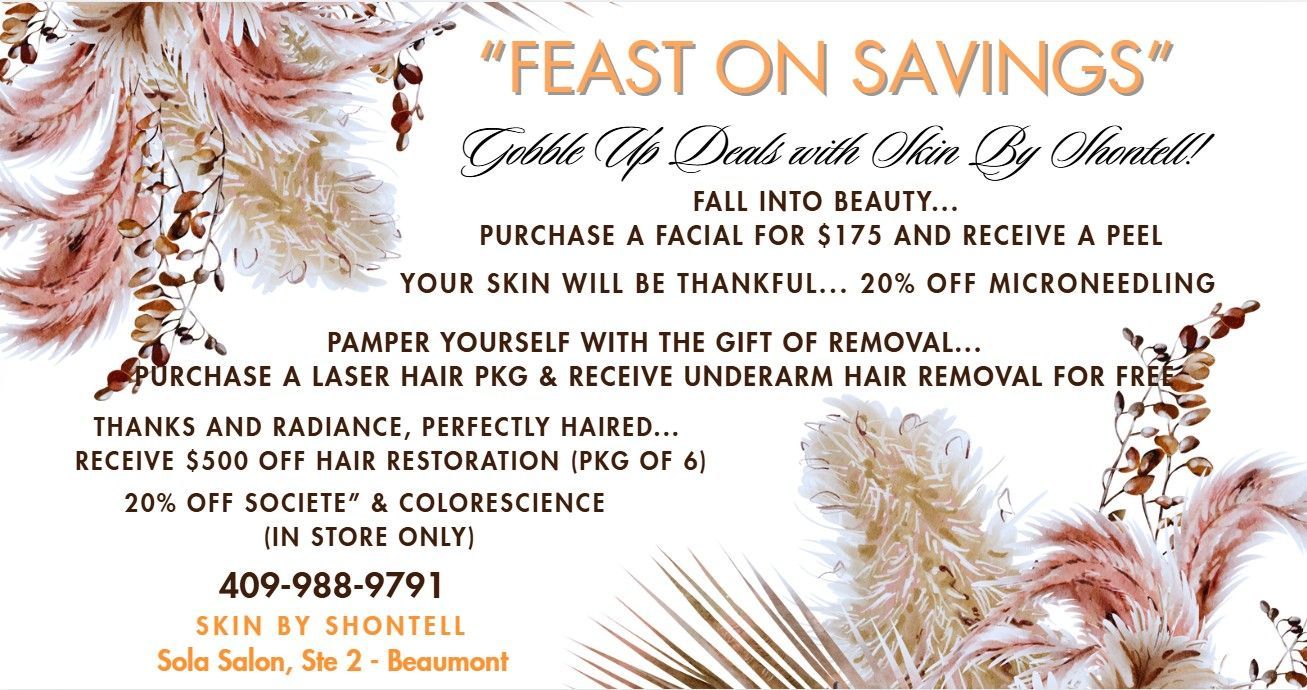 Advertisement for Skin by Shontell offering discounts on facials, peels, laser hair removal, and hair restoration.