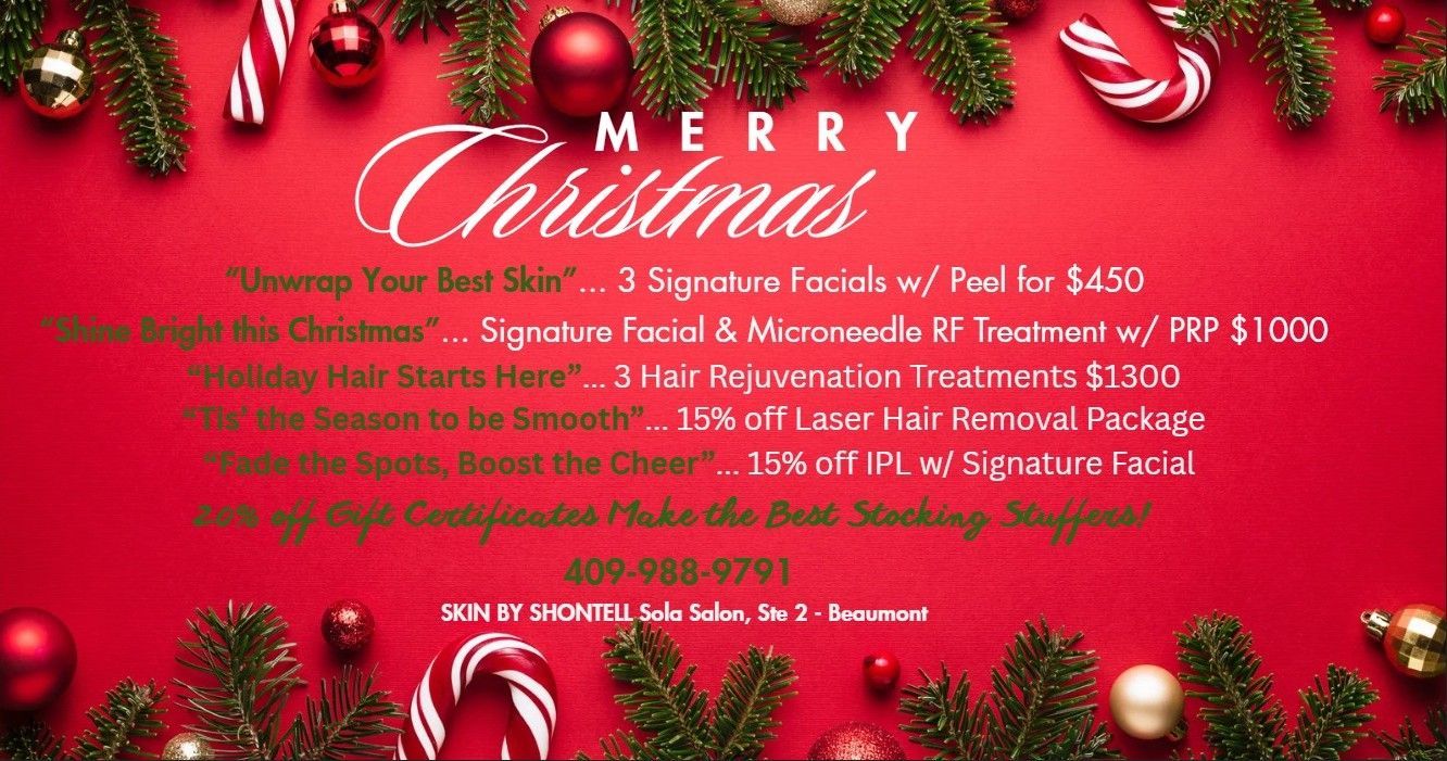 Christmas-themed promotional ad on red background: spa specials, pricing, and contact info.