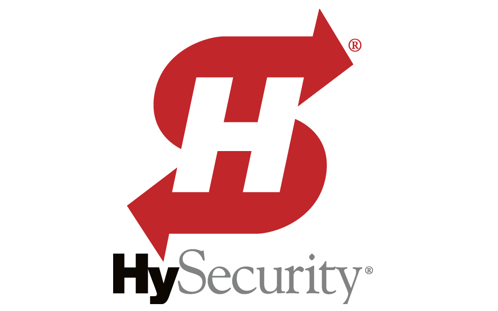 Red arrow logo forming an 'S' around a white 'H', with 'HySecurity' in black text below.