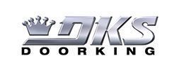 Logo of DKS DoorKing, silver letters with a crown on top. Black text reads 