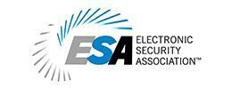 Logo for the Electronic Security Association: “ESA” in blue, black, and gray, surrounded by radiating lines. Text: “Electronic Security Association™.”