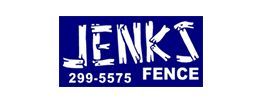 Logo for Jenks Fence, featuring white text on a blue background. The word 