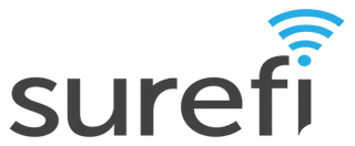 Surefi logo with gray text and a blue wifi signal icon.