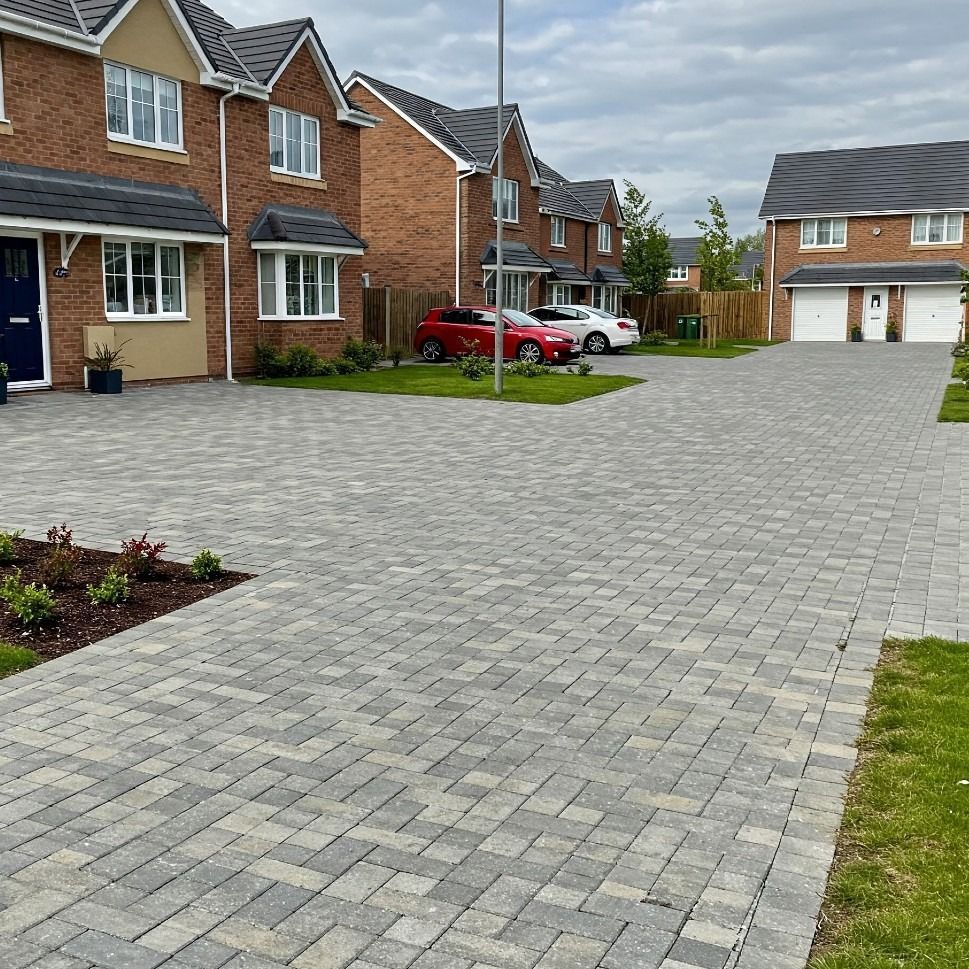 Driveway paved with grey bricks in front of brick houses. Cars parked in the driveways, green grass, and a cloudy sky.