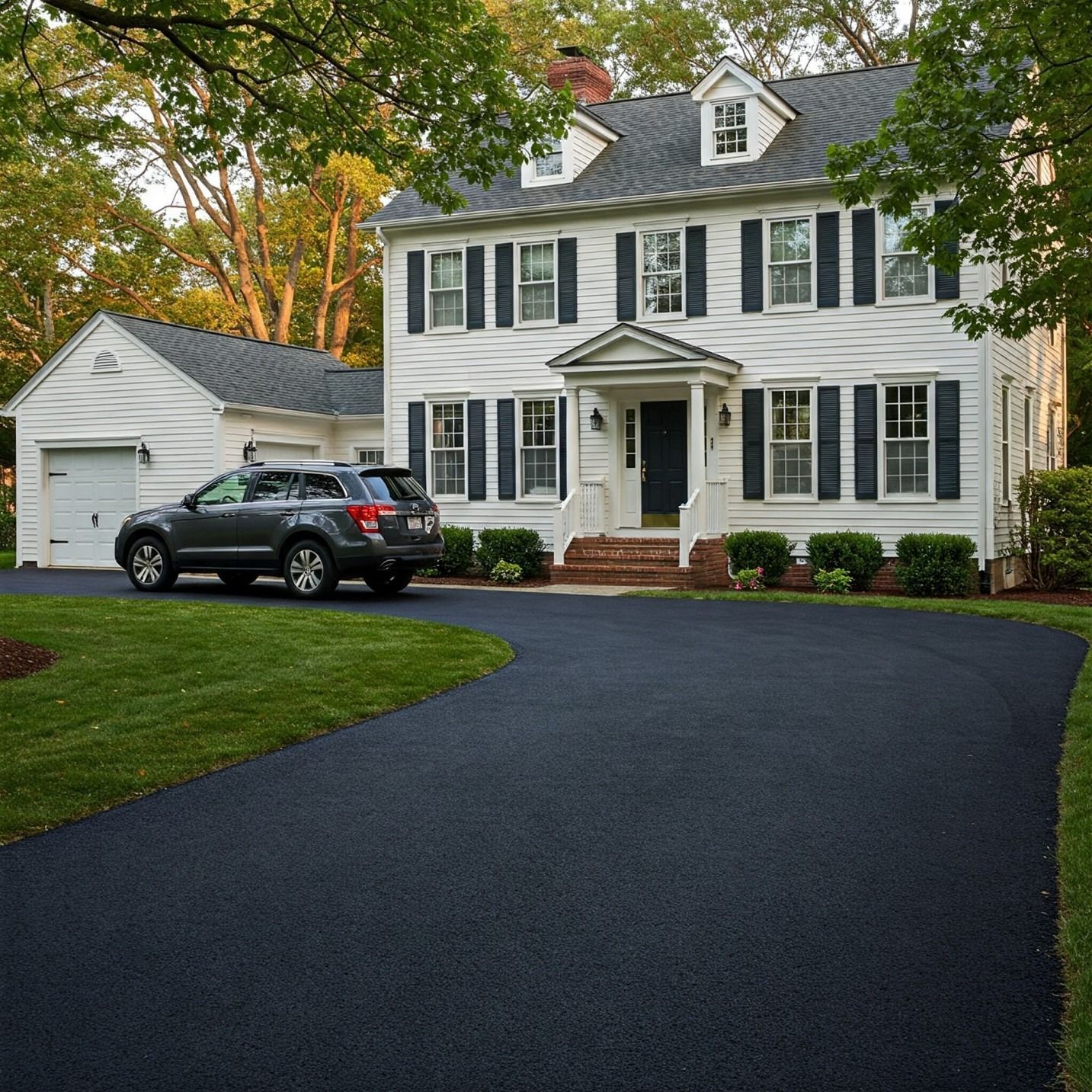 A two-story white house with a black asphalt driveway. A gray car is parked in front of the attached garage.