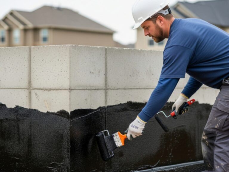 Construction worker applying black sealant to a concrete block wall with a roller, outdoors.
