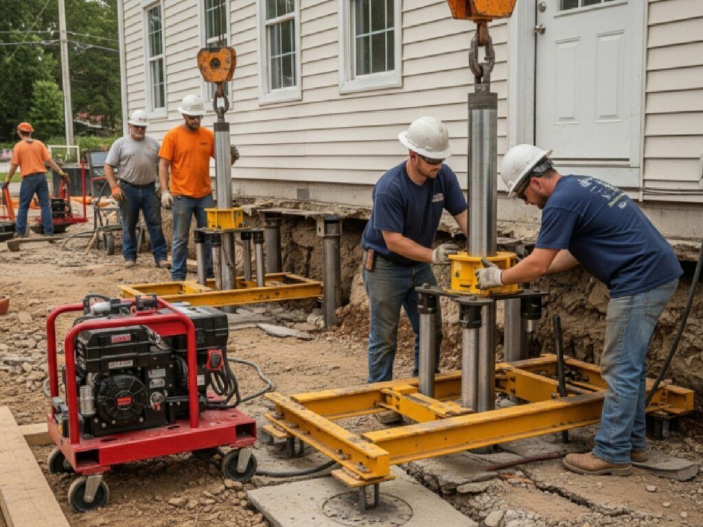 Construction workers using hydraulic jacks to lift a house foundation, with a red generator in the foreground.