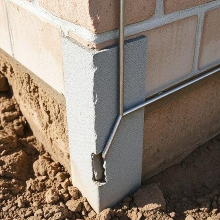 Close-up of a corner of a brick wall with a gray corner block and a metal stake, likely for construction alignment.
