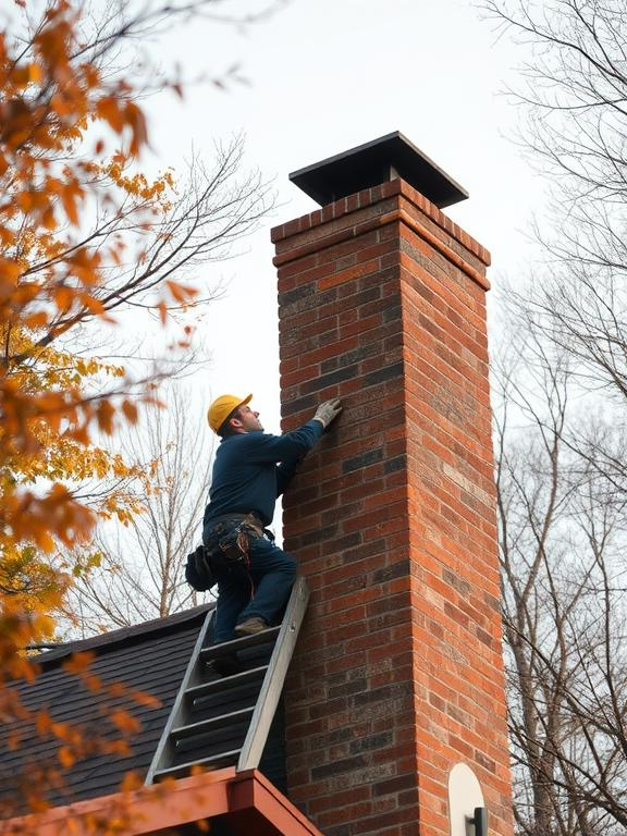 A chimney sweep, wearing a hard hat, climbs a ladder to inspect a brick chimney on a house. Fall foliage surrounds it.