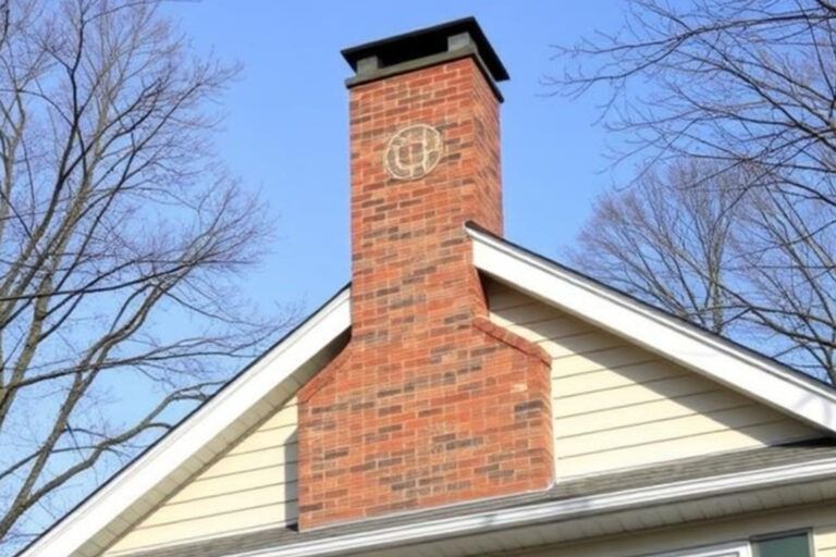 Brick chimney on a yellow house roof against a blue sky, with bare tree branches surrounding it.