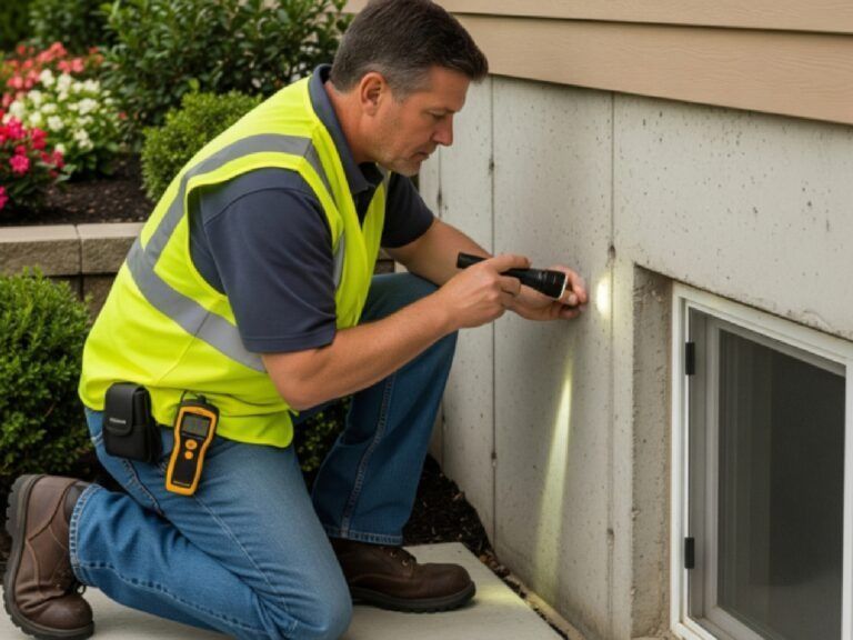 A home inspector wearing a yellow safety vest examines a foundation wall with a flashlight. Outdoors, next to a window.