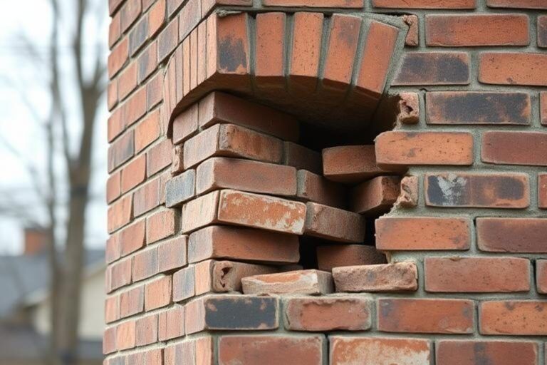 Close-up of a brick wall with a damaged section. The bricks are orange-red, and a curved architectural detail is visible above the damaged area.