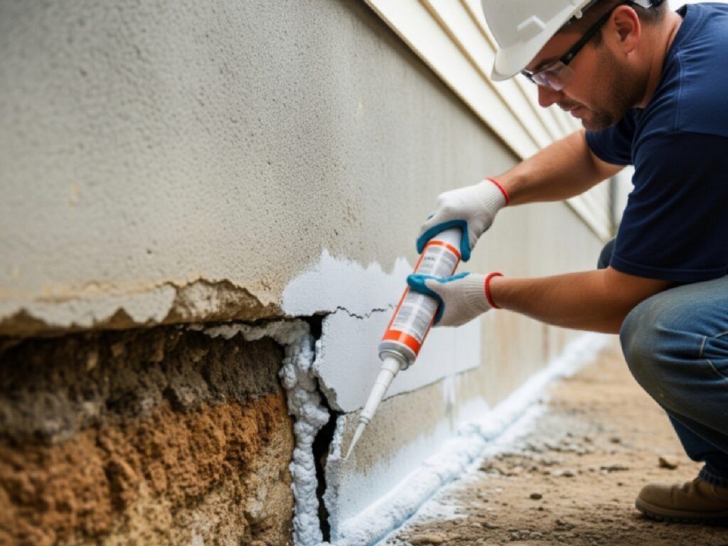 Man in hard hat caulking a foundation crack with white sealant outdoors.