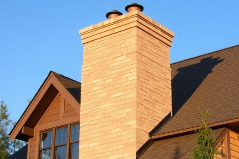 Brick chimney rising from a brown-roofed house against a clear blue sky. Two black chimney caps are visible.