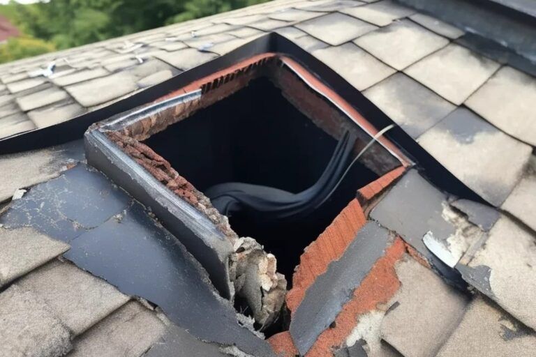 Damaged rooftop vent with exposed inner structure and deteriorating shingles. Gray and red brick with wiring visible.