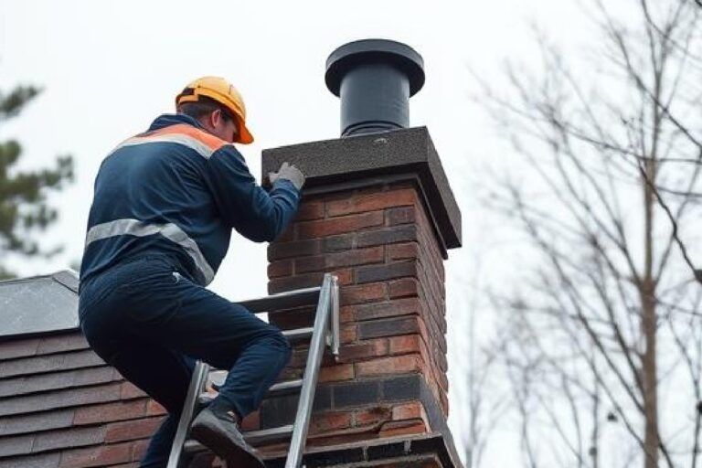 A worker in a hard hat and blue jumpsuit climbs a ladder to inspect a brick chimney on a cloudy day.