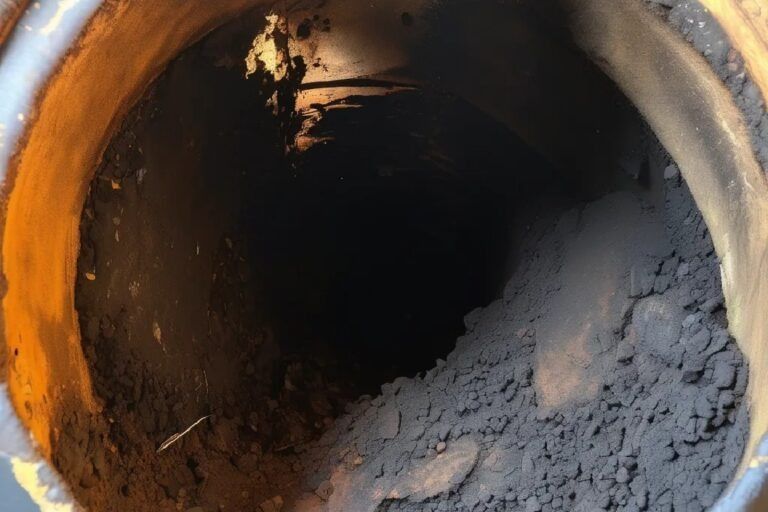 Inside view of a dark pipe filled with gray debris, possibly dirt or ash. The opening is surrounded by a yellow-tinged concrete-like material.