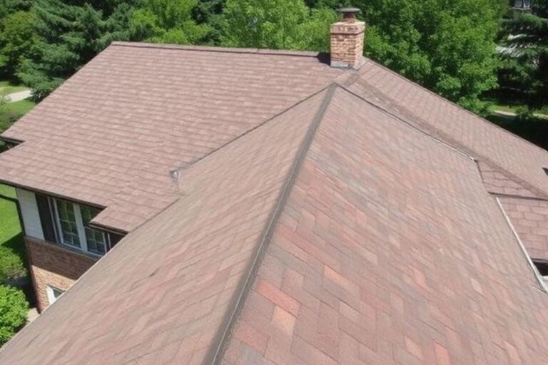 Overhead view of a brown shingled roof with a brick chimney against a background of green trees.