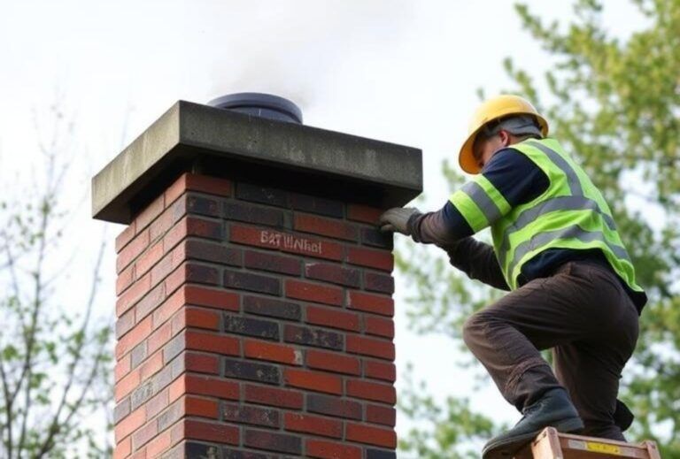 A chimney sweep in a yellow hard hat and safety vest is inspecting a brick chimney, smoke rising.