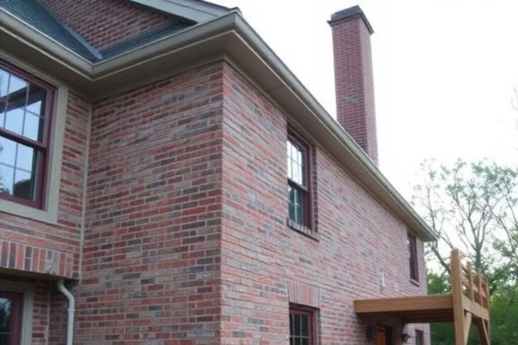 Red brick house exterior with a chimney, brown trim, and a small wooden deck.