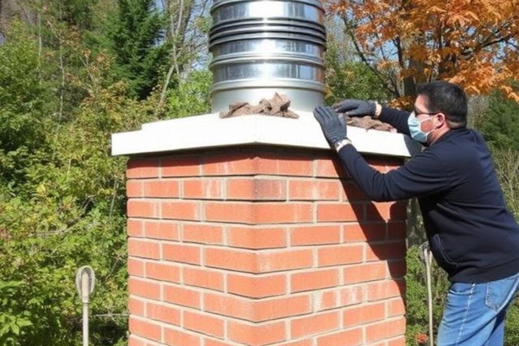 A person wearing gloves and a mask is cleaning a brick chimney top. The setting is outdoors, with fall foliage in the background.